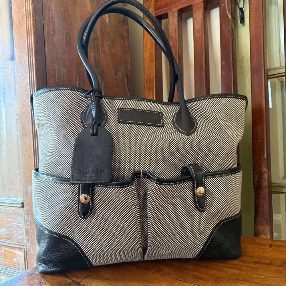 Dooney & Bourke Canvas Tote Black White Vacchetta Leather Trim